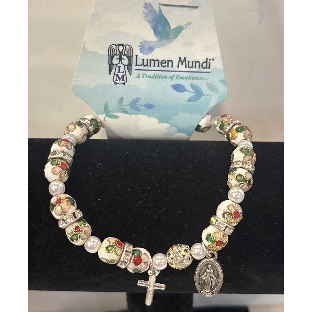 Cloisonné Enamel Bead Bracelet, Miraculous Medal & Cross Charms Rosary Style